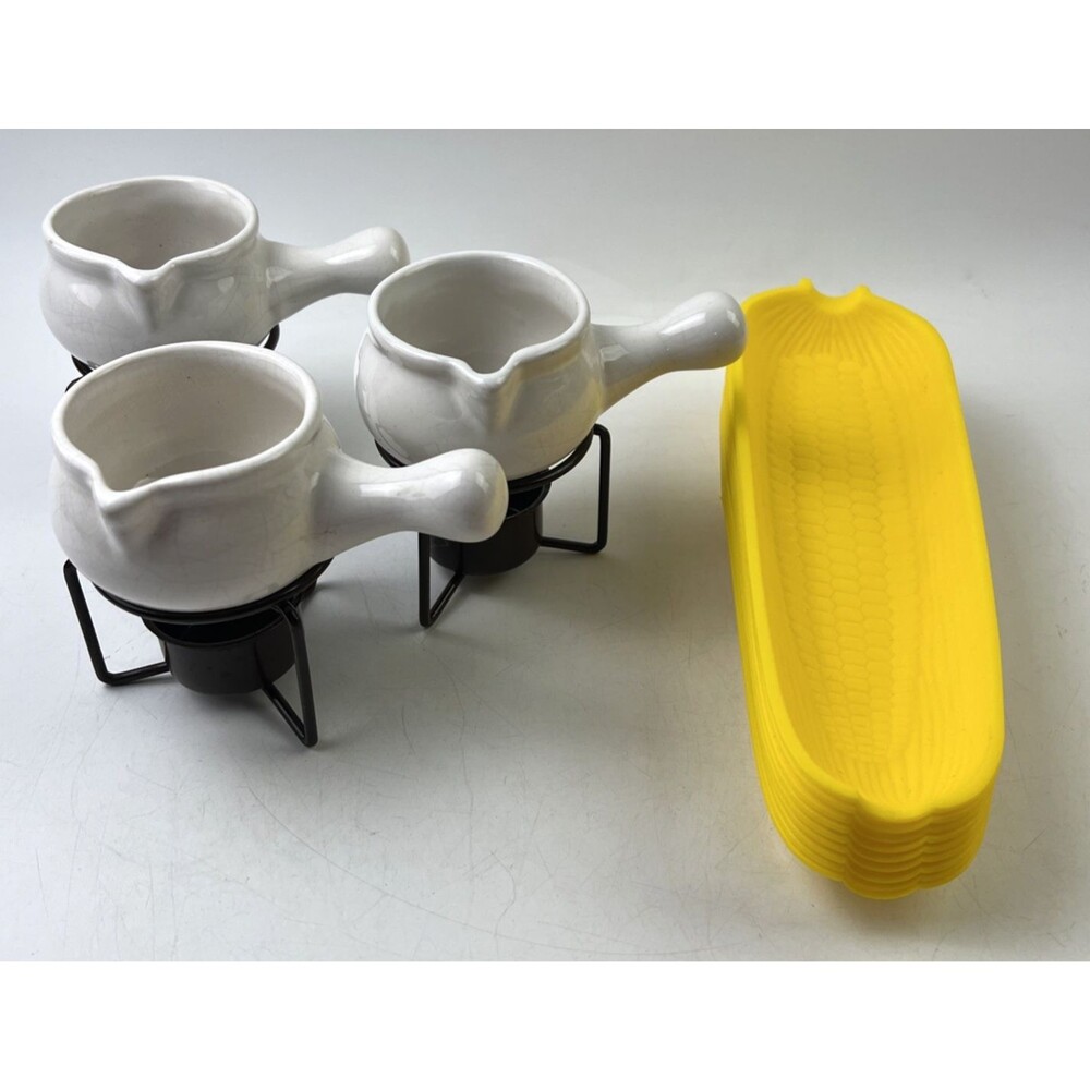Vintage Sauce/Butter Warmers Set Of 3 Earthenware And 9 Corncob Holders